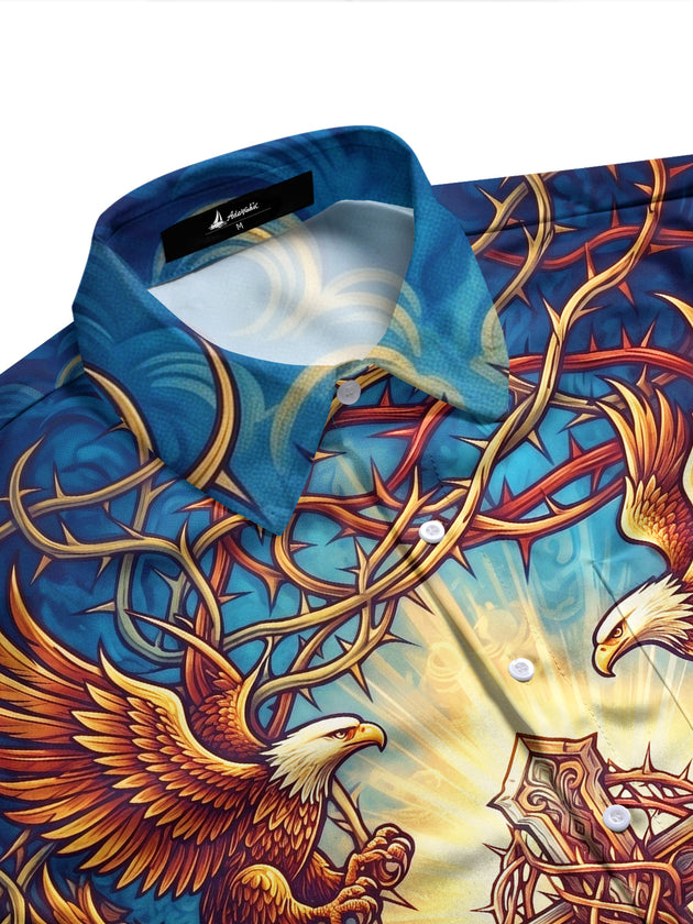 Adaychic Men's Bald Eagles And Crown Of Thorns Cross Print Long Sleeve Shirt with Chest Pocket