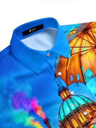 Adaychic Men's Graphic Steampunk Mechanical Octopus Print Short Sleeve Shirt with Chest Pocket