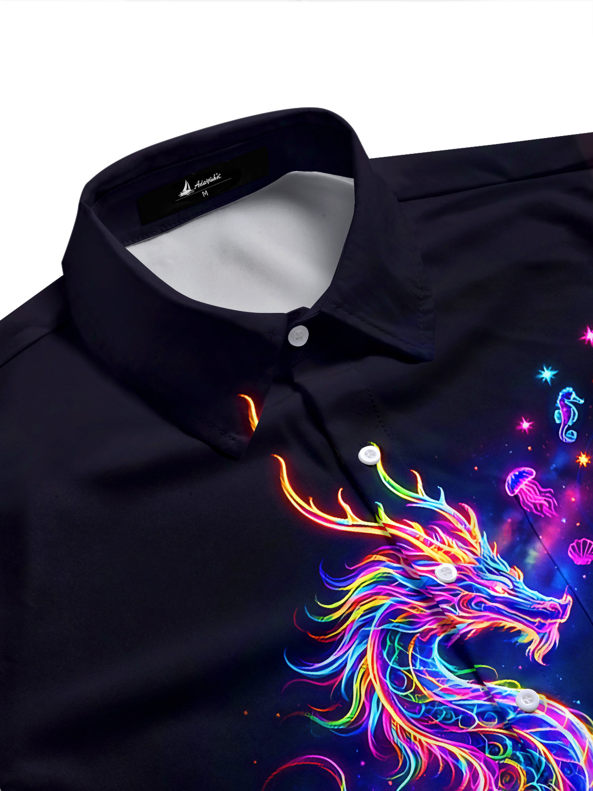 Adaychic Men's Graphic Neon Sea Dragon Print Short Sleeve Shirt with Chest Pocket