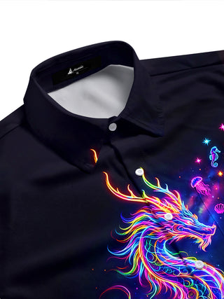 Adaychic Men's Graphic Neon Sea Dragon Print Short Sleeve Shirt with Chest Pocket