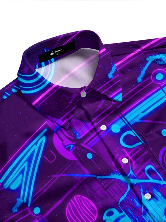 Adaychic Men's Graphic Neon Cyberpunk Graffiti Print Long Sleeve Shirt with Chest Pocket