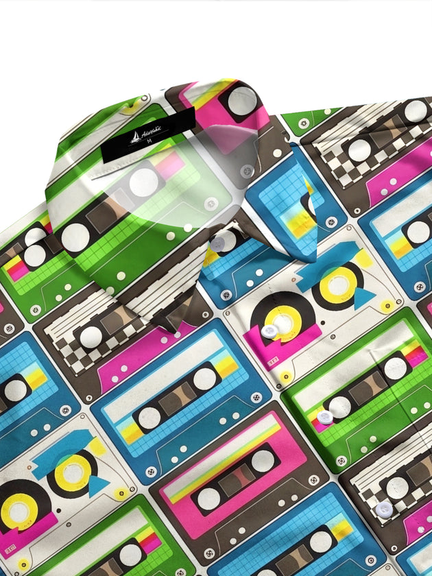 Adaychic Men's Vintage Style Cassette Tape Pattern Long Sleeve Shirt with Chest Pocket