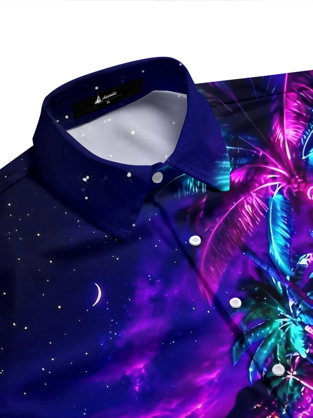 Adaychic Men's Hawaiian Neon Palm Tree Print Short Sleeve Shirt with Chest Pocket