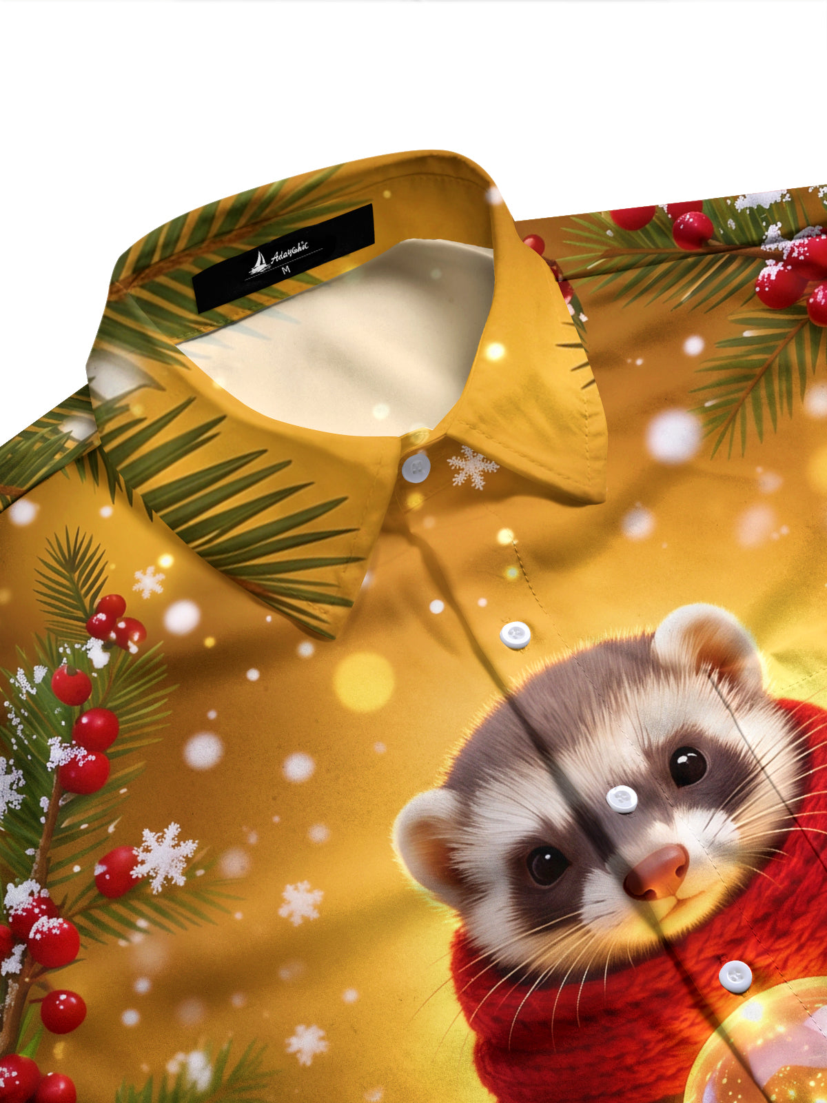 Adaychic Men's Long Sleeve Shirt - Christmas Ferret With Red Scarf And Glowing Orb Print with Chest Pocket