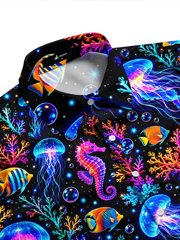 Adaychic Men's Graphic Neon Jellyfish And Seahorse Print Long Sleeve Shirt with Chest Pocket