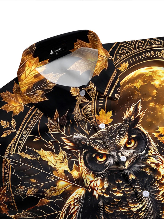 Adaychic Men's Hawaiian Owl And Moon With Maple Leaves Print Short Sleeve Shirt with Chest Pocket