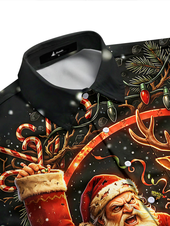 Adaychic Men's Long Sleeve Shirt - Angry Santa Claus And Reindeer With Gifts Print with Chest Pocket