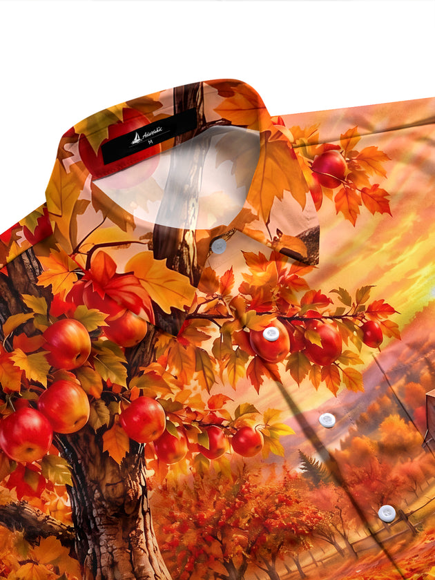Adaychic Men's Printed Autumn Apple Orchard Landscape Print Long Sleeve Shirt with Chest Pocket