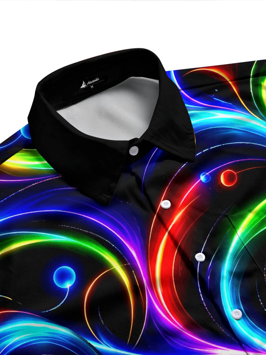 Adaychic Men's Printed Neon Abstract Swirls And Circles Print Long Sleeve Shirt with Chest Pocket