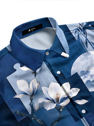 Adaychic Men's White Magnolia Flowers And Bamboo Leaves Print Long Sleeve Shirt with Chest Pocket