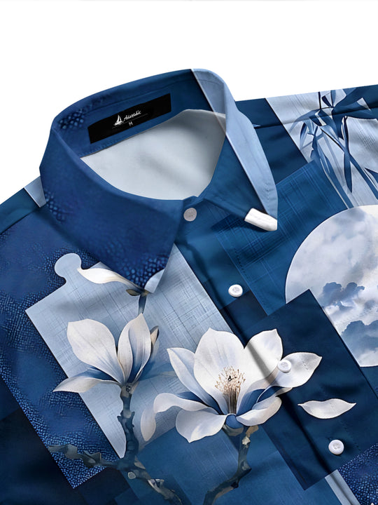 Adaychic Men's White Magnolia Flowers And Bamboo Leaves Print Long Sleeve Shirt with Chest Pocket