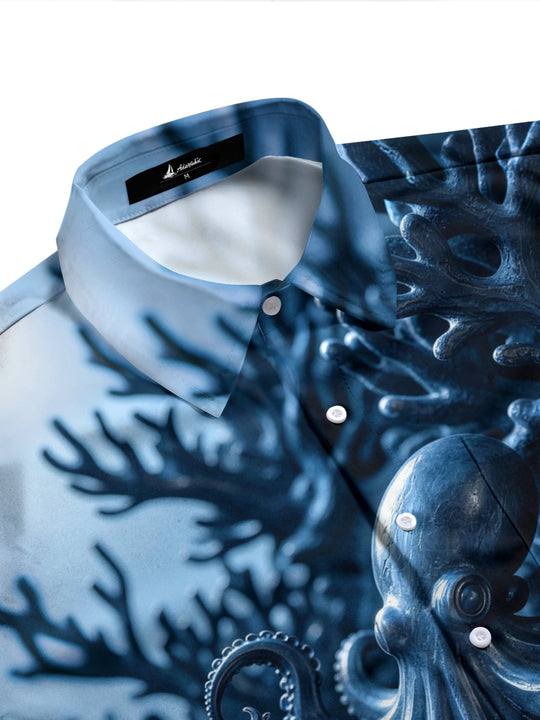 Adaychic Men's Graphic Octopus Print Coral Reef Print Long Sleeve Shirt with Chest Pocket