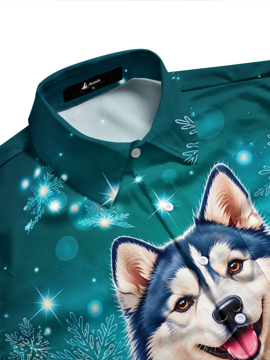 Adaychic Men's Long Sleeve Shirt - Christmas Husky Dog With Red Scarf And Gift Box Print with Chest Pocket