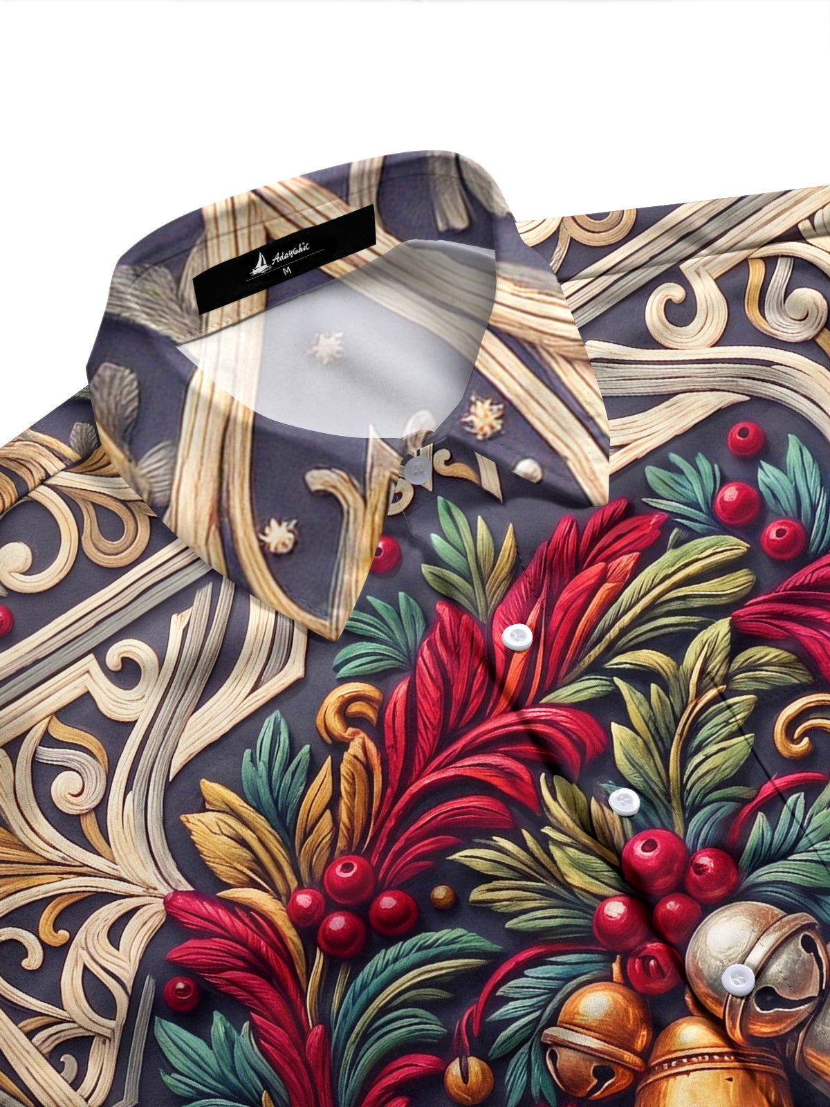 Adaychic Men's Printed Christmas Bells And Foliage Print Long Sleeve Shirt with Chest Pocket