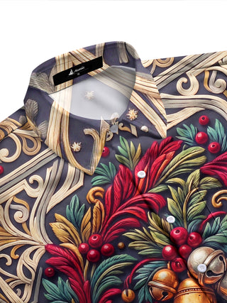 Adaychic Men's Printed Christmas Bells And Foliage Print Long Sleeve Shirt with Chest Pocket