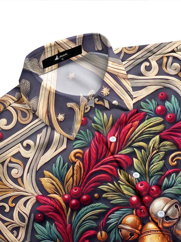 Adaychic Men's Printed Christmas Bells And Foliage Print Long Sleeve Shirt with Chest Pocket