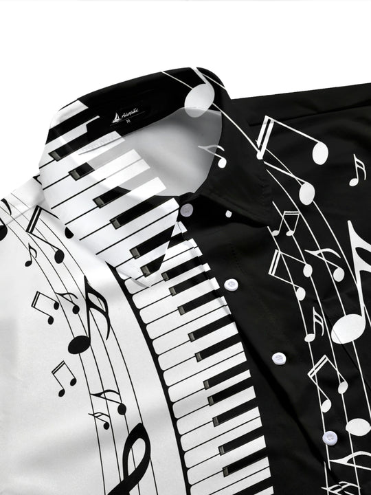 Adaychic Men's Graphic Piano Keyboard Print Short Sleeve Shirt with Chest Pocket