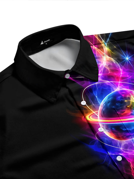 Adaychic Men's Colorful Planet With Rings And Nebula Print Long Sleeve Shirt with Chest Pocket