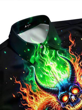 Adaychic Men's Skull Flame Candle Graphic Print Short Sleeve Button Down Shirt with Chest Pocket