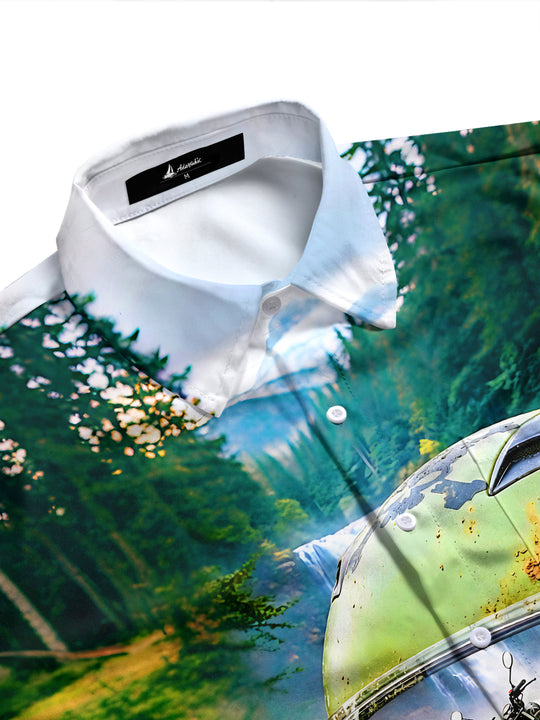 Adaychic Men's Printed Motorcycle Helmet Camping Scene Print Long Sleeve Shirt with Chest Pocket