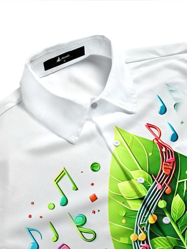 Adaychic Men's Graphic Musical Notes On Leaves Print Short Sleeve Shirt with Chest Pocket