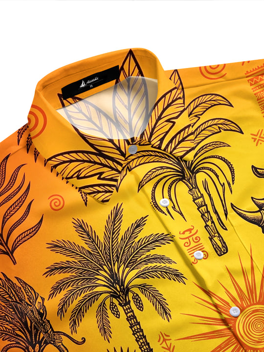 Adaychic Men's Hawaiian Wild Animals Print Palm Tree Print Short Sleeve Shirt with Chest Pocket