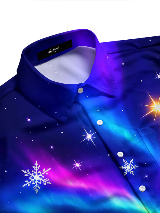 Adaychic Men's Graphic Aurora Borealis Print Long Sleeve Shirt with Chest Pocket