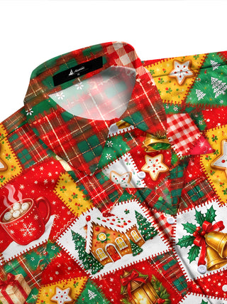 Adaychic Men's Graphic Christmas Patchwork Motifs Print Long Sleeve Shirt with Chest Pocket