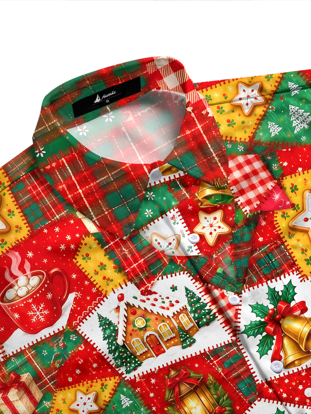 Adaychic Men's Graphic Christmas Patchwork Motifs Print Long Sleeve Shirt with Chest Pocket