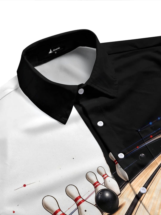 Adaychic Men's Bowling Pins And Bowling Balls On Lane Print Short Sleeve Shirt with Chest Pocket