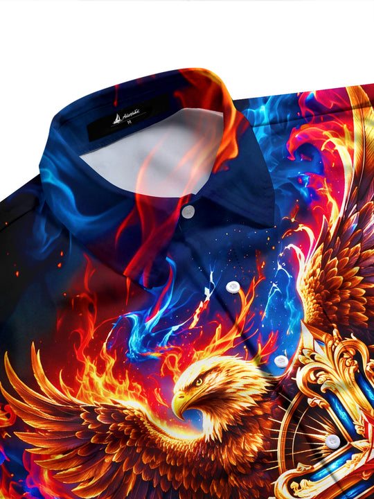 Adaychic Men's Graphic Flaming Eagle And Holy Cross Print Long Sleeve Shirt with Chest Pocket