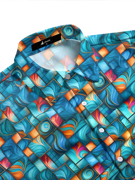 Adaychic Men's Printed Abstract Mosaic Pattern Long Sleeve Shirt with Chest Pocket