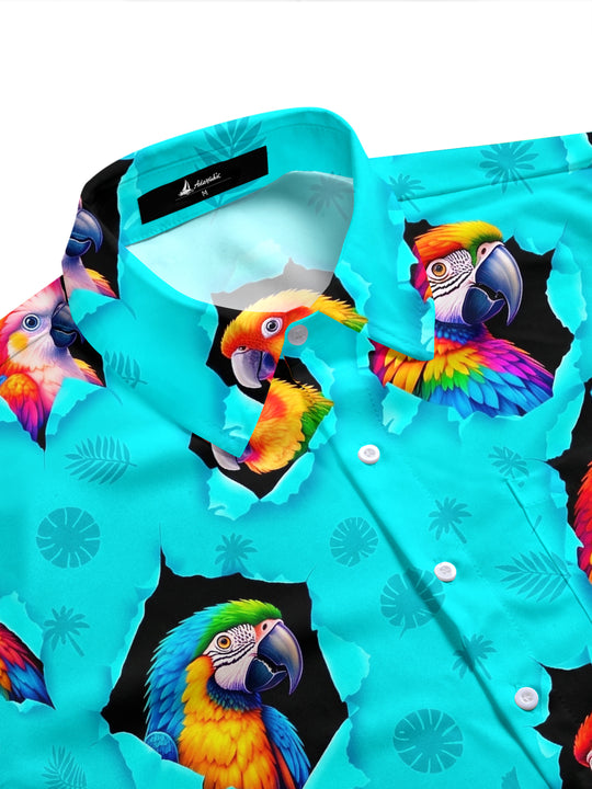 Adaychic Men's Colorful Parrots And Tropical Leaves Print Short Sleeve Shirt with Chest Pocket