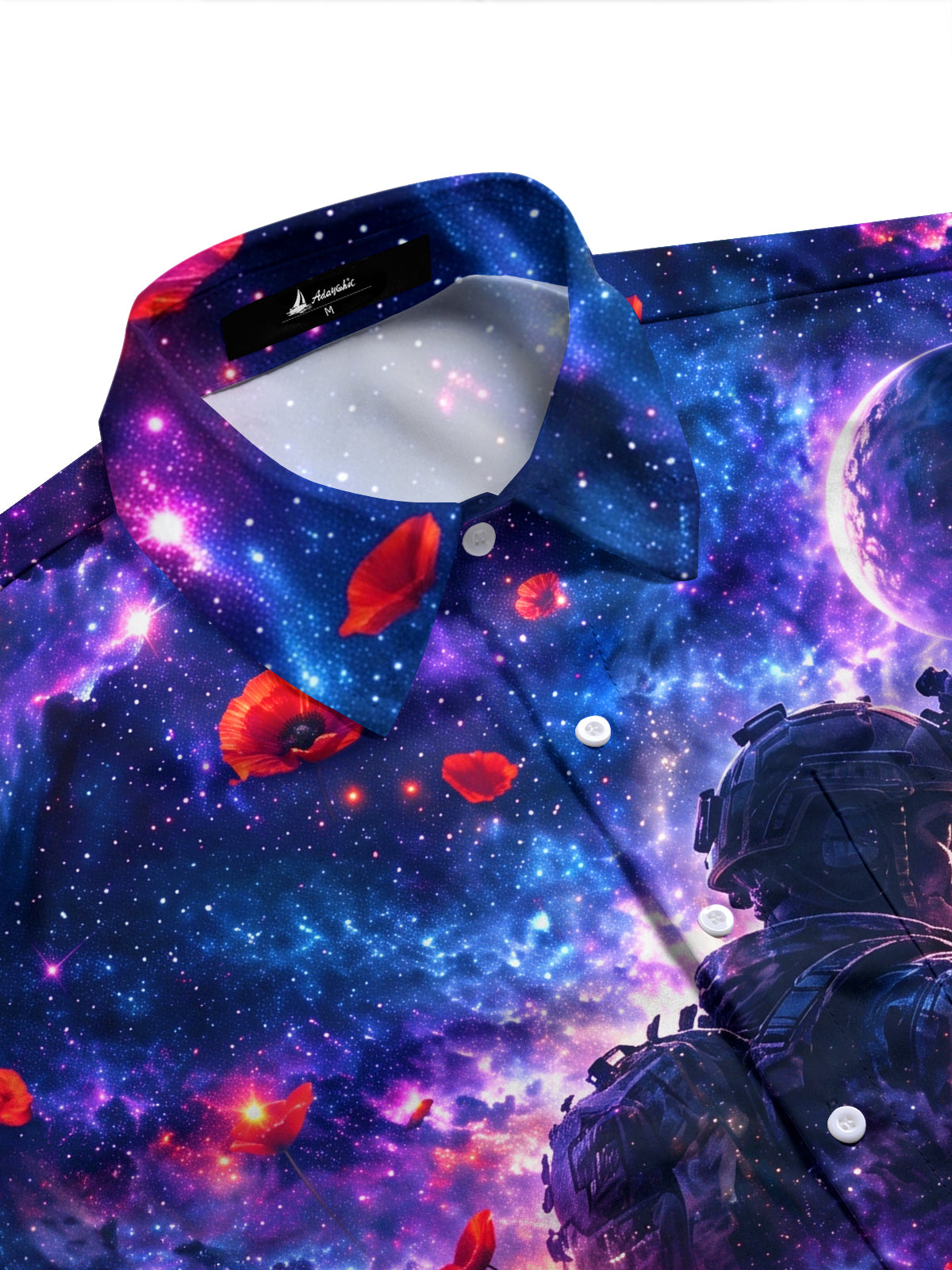 Adaychic Men's Long Sleeve Shirt - Soldier Silhouette And Red Poppies Against Galaxy Background Print with Chest Pocket