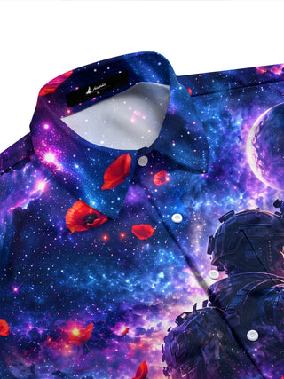 Adaychic Men's Long Sleeve Shirt - Soldier Silhouette And Red Poppies Against Galaxy Background Print with Chest Pocket