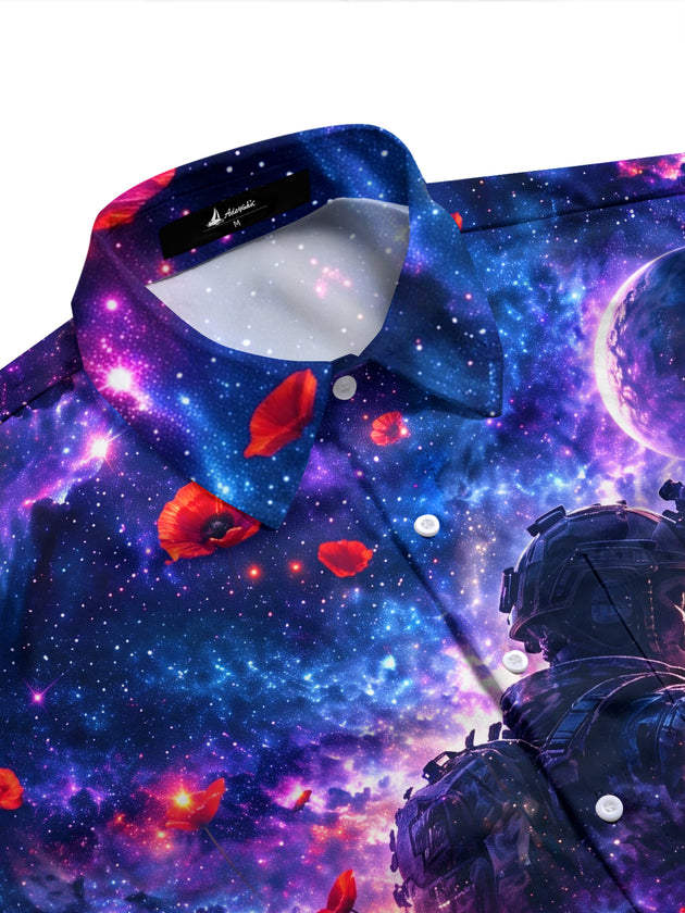 Adaychic Men's Long Sleeve Shirt - Soldier Silhouette And Red Poppies Against Galaxy Background Print with Chest Pocket