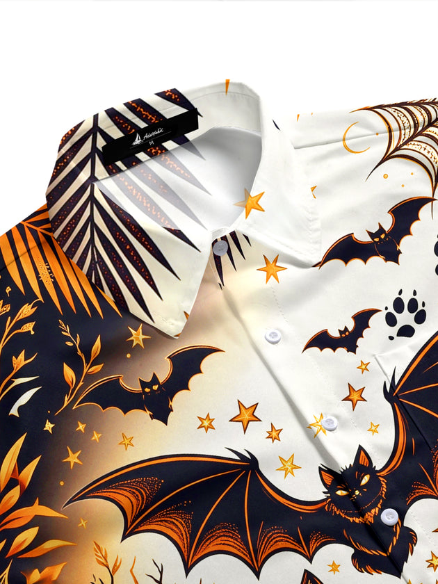 Adaychic Men's Hawaiian Halloween Black Cat Print Short Sleeve Shirt with Chest Pocket