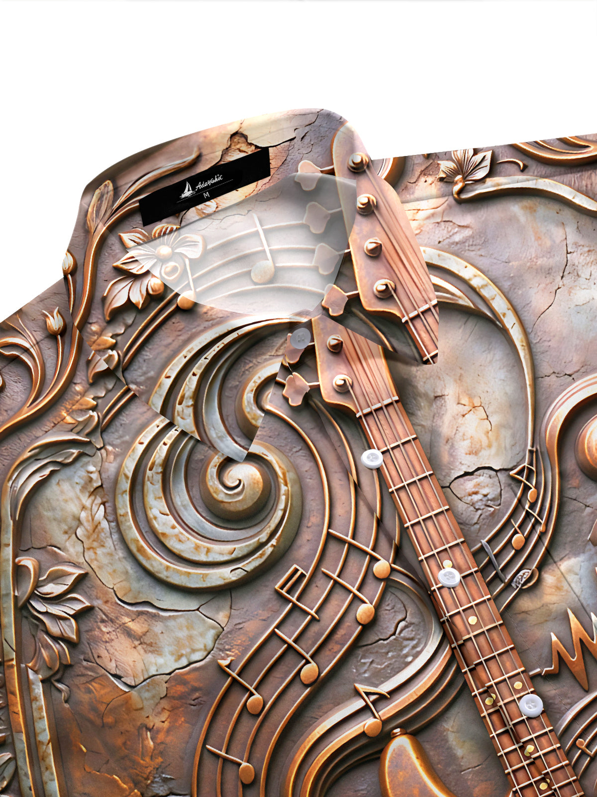 Adaychic Men's Short Sleeve Shirt - Bronze Relief Bass Guitar And Musical Notes Print with Chest Pocket