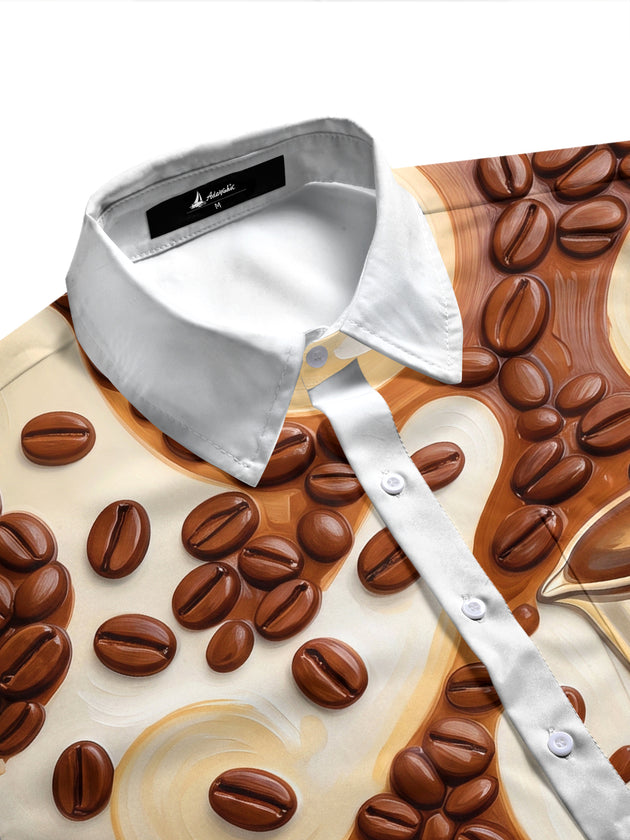 Adaychic Men's Coffee Beans And Pour Over Coffee Maker Print Short Sleeve Shirt with Chest Pocket