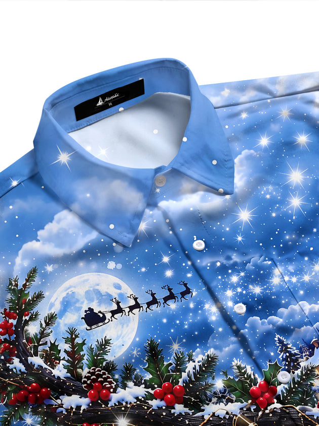 Adaychic Men's Long Sleeve Shirt - Christmas Village Scene With Snowy Trees And Church Print with Chest Pocket