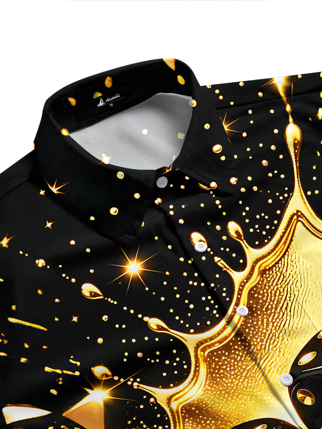 Adaychic Men's Printed Gold Dice Splash Print Short Sleeve Shirt with Chest Pocket
