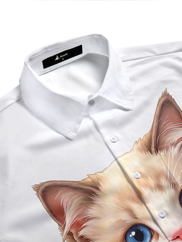 Adaychic Men's Printed Ragdoll Cat Print Pocket Design Print Short Sleeve Shirt with Chest Pocket