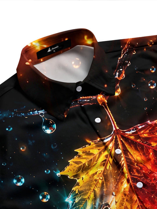 Adaychic Men's Printed Maple Leaf And Water Droplets Print Long Sleeve Shirt with Chest Pocket