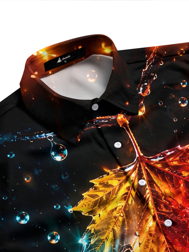 Adaychic Men's Printed Maple Leaf And Water Droplets Print Long Sleeve Shirt with Chest Pocket