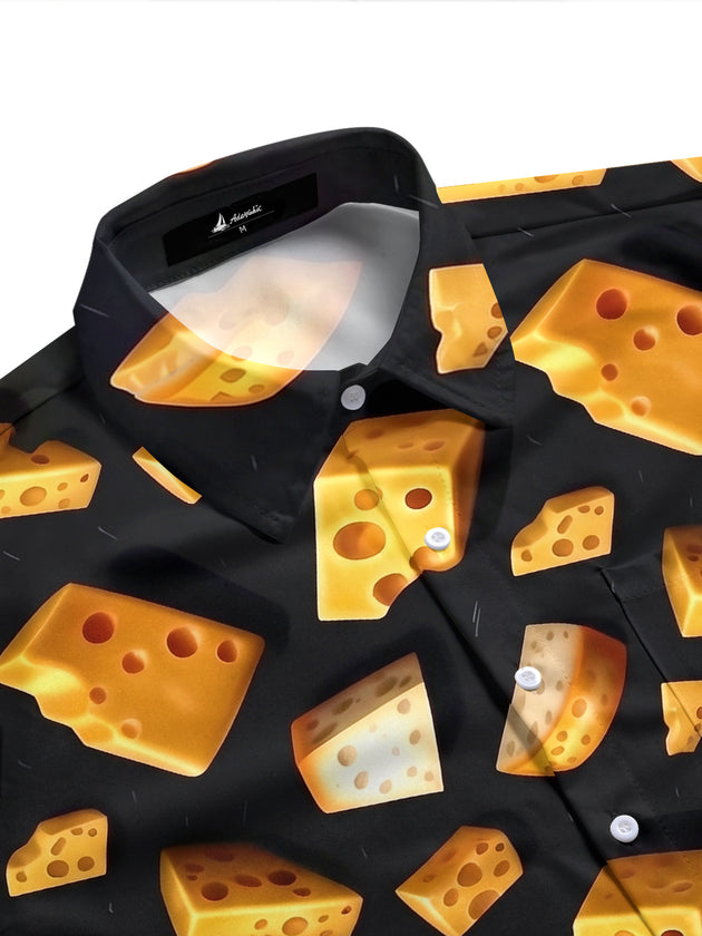 Adaychic Men's Hawaiian Cheese Print Cheese Wedges Print Short Sleeve Shirt with Chest Pocket