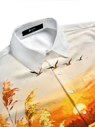 Adaychic Men's Hawaiian Sunset Lake Scenery Print Short Sleeve Shirt with Chest Pocket