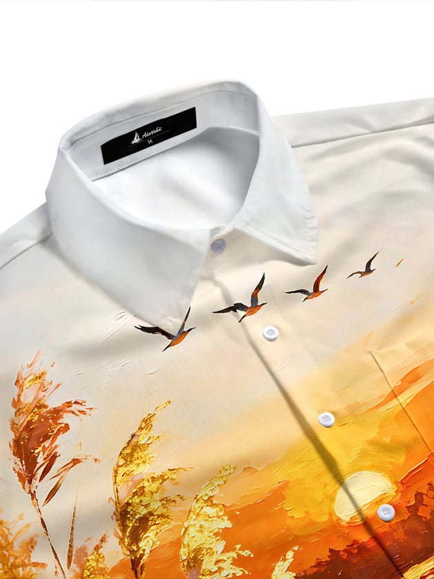 Adaychic Men's Hawaiian Sunset Lake Scenery Print Short Sleeve Shirt with Chest Pocket