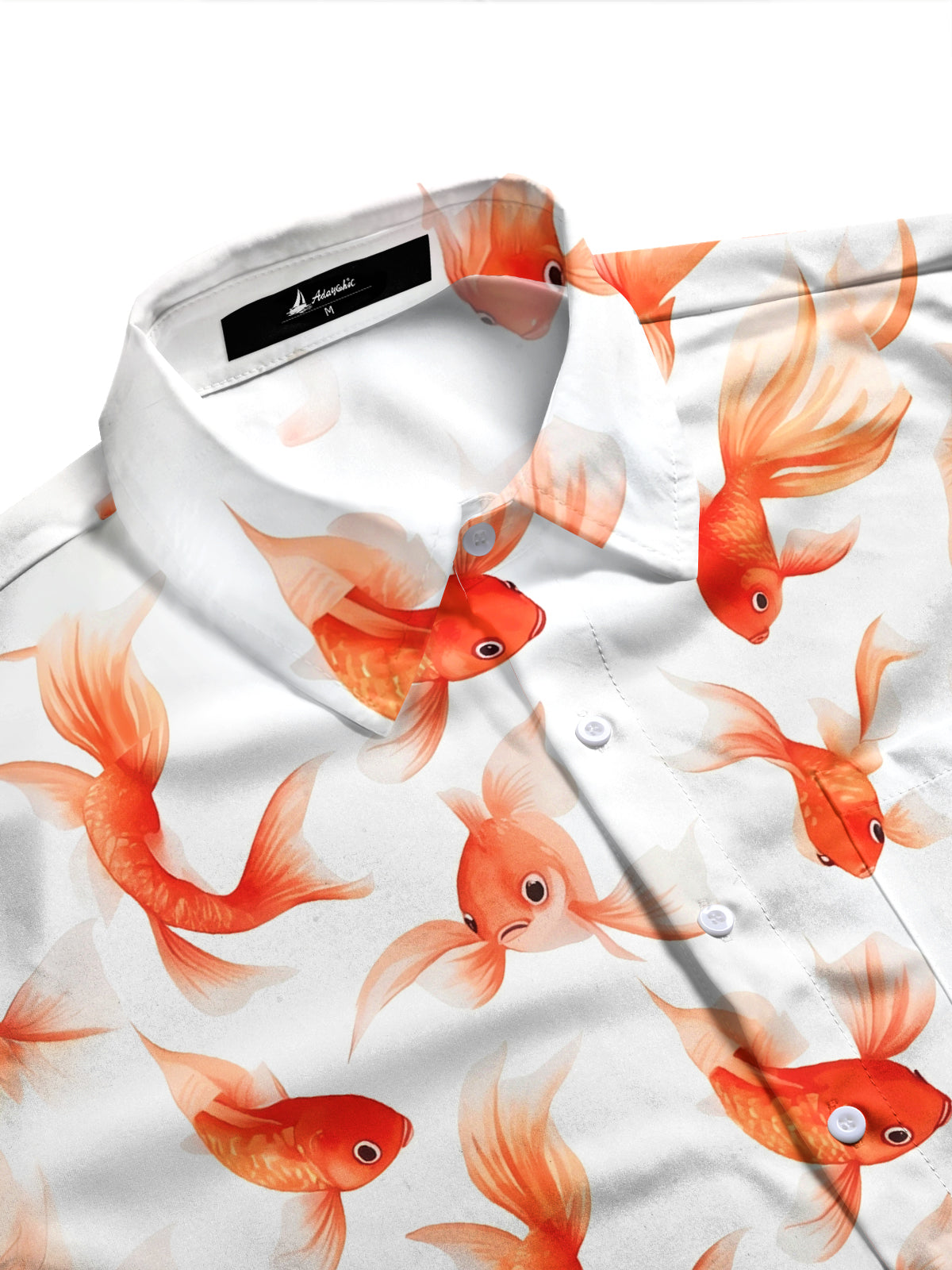 Adaychic Men's Hawaiian Goldfish Pattern Orange Fish Print Long Sleeve Shirt with Chest Pocket