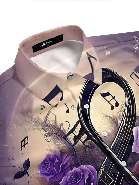 Adaychic Men's Graphic Purple Rose Print Treble Clef Print Short Sleeve Shirt with Chest Pocket