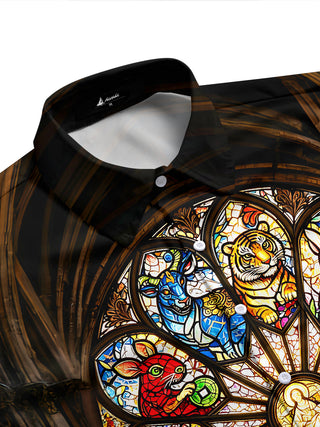 Adaychic Men's Church Stained Glass Zodiac Totem Printed Pattern Print Short Sleeve Shirt with Chest Pocket